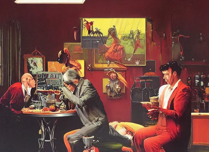 Prompt: a still from the tv series friends by francis bacon, surreal, norman rockwell and james jean, greg hildebrandt, and mark brooks, triadic color scheme, by greg rutkowski, in the style of francis bacon and syd mead and edward hopper and norman rockwell and beksinski, dark surrealism, open ceiling