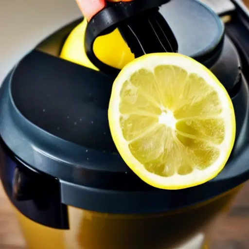 Prompt: juicing a lemon on a lemon juicer, close up photo