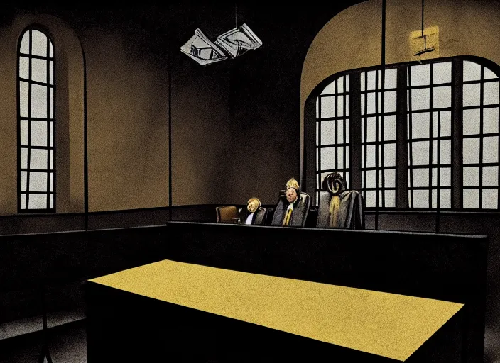 Image similar to editorial illustration by Karolis Strautniekas and Mads Berg, colorful, courtroom the bench,trial, fine texture,detailed, matte colors,film noir, dramatic lighting, dynamic composition,moody, vivid,voumetric