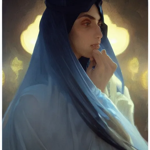 Image similar to a Photorealistic dramatic hyperrealistic render of an arab ameera al taweel, blue eyes, black wavy hair, white veil,by WLOP,Artgerm,Greg Rutkowski,Alphonse Mucha, Beautiful dynamic dramatic dark moody lighting,shadows,cinematic atmosphere,Artstation,concept design art,Octane render,8K