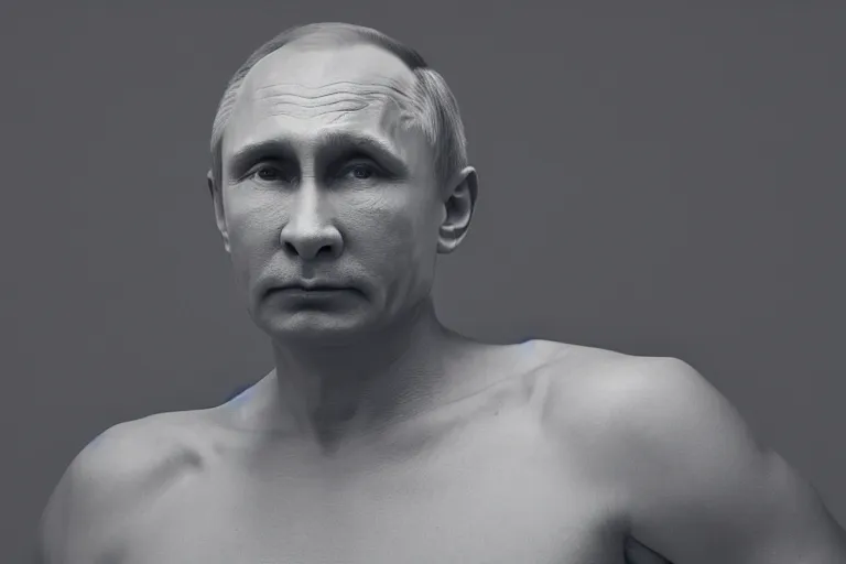 Prompt: a medium low angle shot of Vladimir putin sitting in squat position, looking at the camera, lit from below, editorial fashion photography, 8k, black background