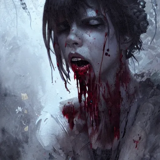 Prompt: goth girl crying blood, intricate, art by greg rutkowski, high detailed, 4 k,