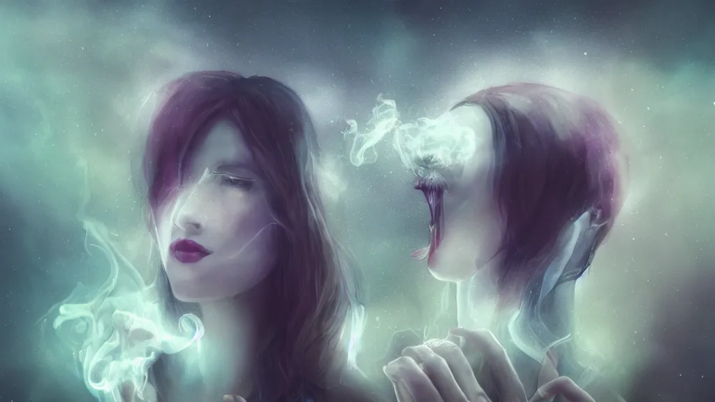 Prompt: whimsical, a single beautiful playful woman, wearing professional makeup, standing in a lake, blowing trippy smoke, under the stars, with a binary black hole with a ring in the sky, by Lois van Baarle, by Greg Rutkowski, by Ilya Kuvsninov, cinematic angle, face enhance, volumetric lighting, cinematic lighting, digital art, 4k resolution, octane render, trending on artstation, masterpiece