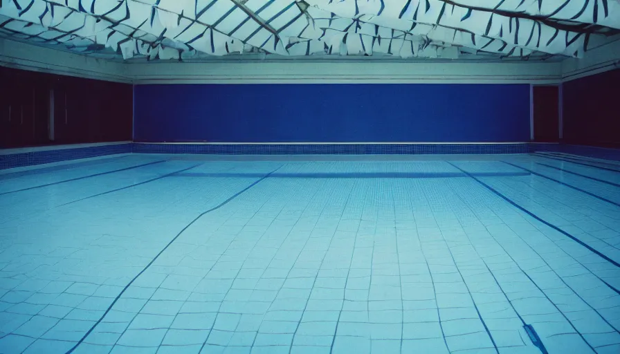 Image similar to 1 9 6 0 s movie still of empty blue tiles swimmingpool, cinestill 8 0 0 t 3 5 mm, high quality, heavy grain, high detail, panoramic, ultra wide lens, cinematic composition, dramatic light, flares, anamorphic, liminal space style