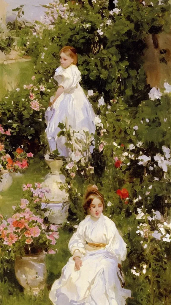 Image similar to beautiful young julee wear alace dress in a botanical yard set near a persian pot by john singer sargent