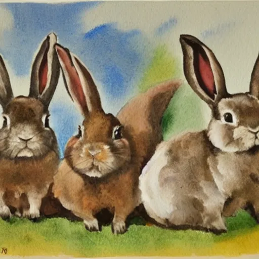 Prompt: Rabbits posing as ww1 leaders, watercolour realism