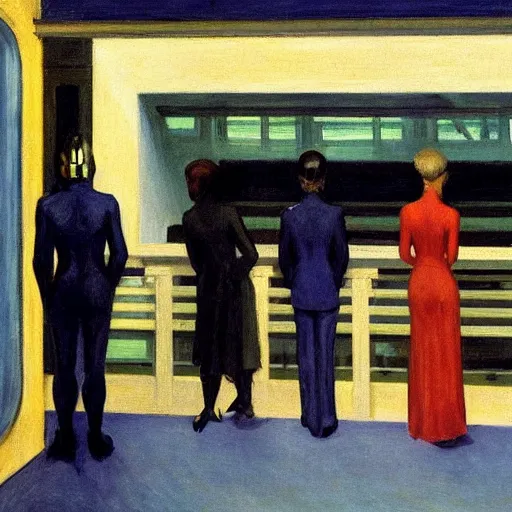 Image similar to cyborgs by edward hopper