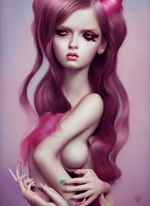 Prompt: pop surrealism, hyper realism, muted colors seductive female venus, cute girl, long hair, art by natalie shau, trevor brown