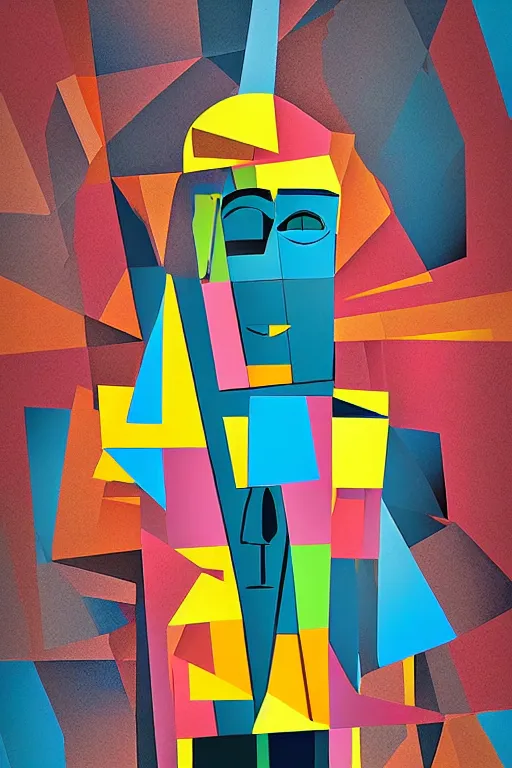 Image similar to cubist moai statue cutout digital illustration cartoon colorful beeple