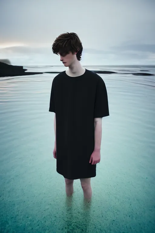 Image similar to high quality pastel coloured film mid angle docu photograph of a beautiful young 2 0 year old male, soft features, short black hair, oversized clothing, in icelandic black rock pool environment. atmospheric. three point light. photographic. art directed. ( pastel colours ). volumetric light. clearcoat. waves glitch. 8 k. filmic.