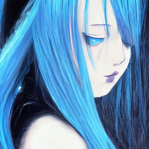 Image similar to full face shot of rimuru tempest, sky blue straight hair, long bangs, closed eyes, wearing a fancy black jacket, high collar, ultra detailed, brush strokes, digital painting, cinematic, wlop artstation, closeup, pixiv, eerie, scary, overpowering, evil, yoshitaka amano, junji ito,