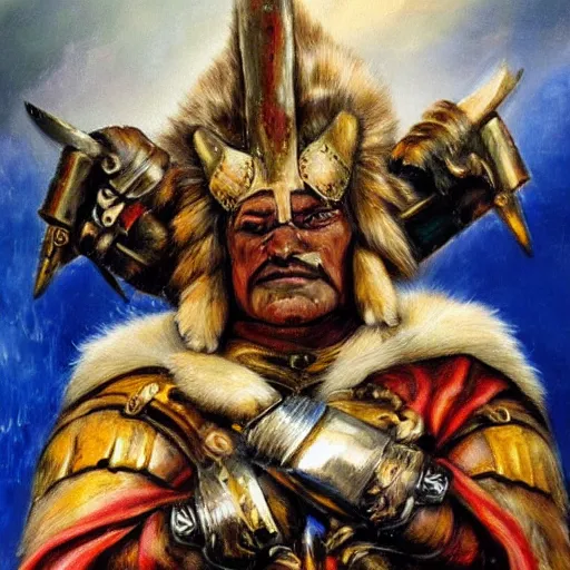 Image similar to a russian warrior who is wearing iron gauntlets in the shape of bear claws in the style of warhammer fantasy : : head and shoulders oil painting