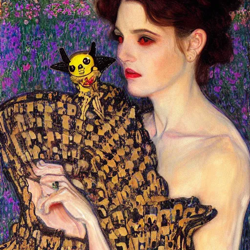 Image similar to portrait painting young woman skeleton, pikachu, comic book, elegant, highly detailed, painted by Singer Sargent and klimt