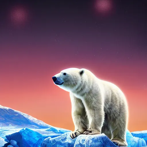 Prompt: polar bear on iceberg in mars drinking beer and have a beer can in hand, outer space, planet mars, photorealistic, high resolution,, trending on deviantart, hdr, hyper detailed, insane details, intricate, elite, ornate, dramatic lighting