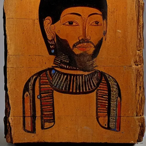 Image similar to a man using a computer, artwork fayum portrait, mummy portrait, from egypt, from luxor, on wood