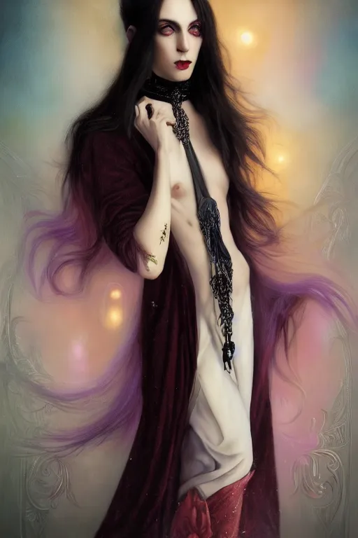 Image similar to a beautiful pretty androgynous man, long hair, tall and thin, vampire, dressed in velvet, glam fashions, wearing several pendants and a choker, illustration, dramatic lighting, soft details, painting oil on canvas, art nouveau, octane render, hdr, 4 k, 8 k, hd, by edmund blair leighton, brom, charlie bowater, faces by otto schmidt