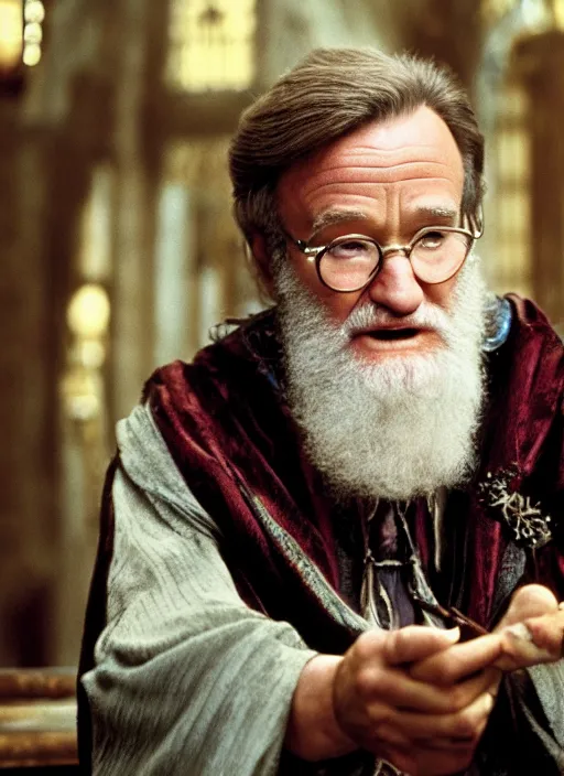 Prompt: film still of Robin Williams as Albus Dumbledore in Harry Potter and the Chambre of Secrets, 4k