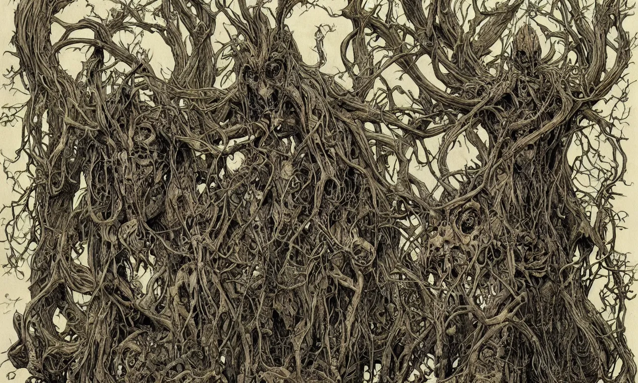 Image similar to hyperdetailed art nouveau portrait of treebeard and old groot as a cthulhu eyeball moose skull wendigo swamp thing cryptids, by michael kaluta, simon bisley and bill sienkiewicz, photorealism, claws, skeleton, antlers, fangs, forest, wild, bizarre, scary, lynn varley, lovern kindzierski, steve oliff