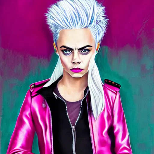 Prompt: cara delevingne with white hair in a magenta blouse and tight leather pants, art by Sam Yang