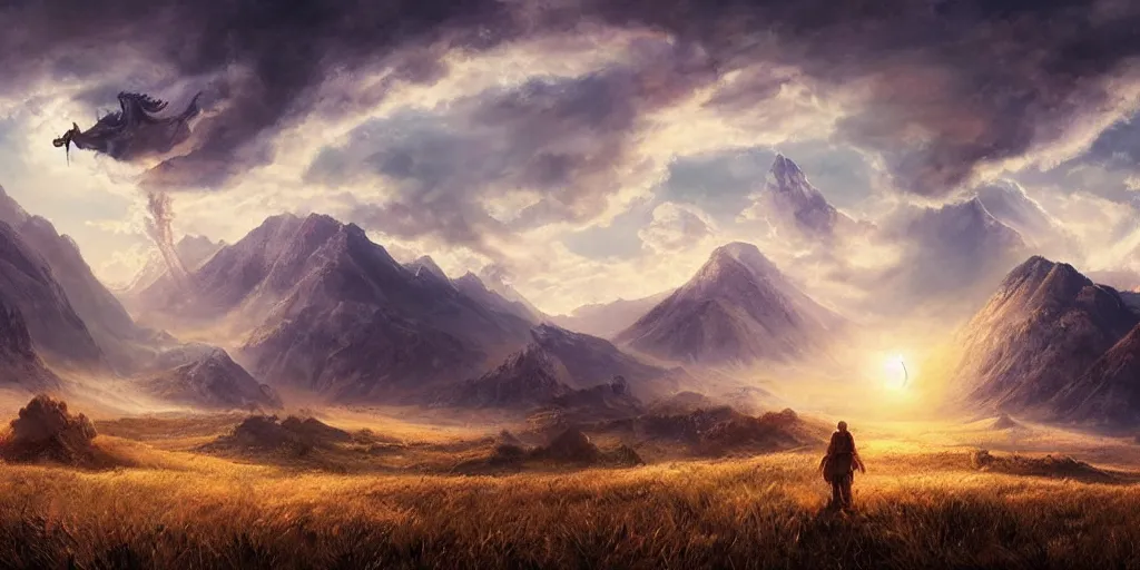 Prompt: a cinematic landscape view looking at an open field with a dragon flying above breathing fire onto the field, mountains in the distance, the sun shines through the parted clouds, digital painting, fantasy, art by alexandre mahboubi and christophe oliver