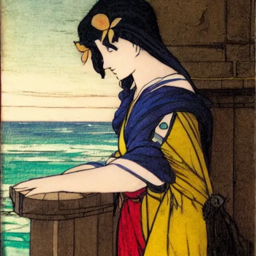 Prompt: A girl jester on the front of a Balustrade with a beach on the background, major arcana, a colab between studio ghibli and paul delaroche