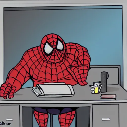 old, fat spiderman working at a desk | Stable Diffusion | OpenArt