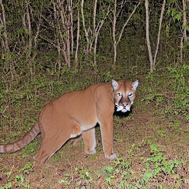 Prompt: cougar in forest at night, night vision goggles, shot from the ground up, grainy