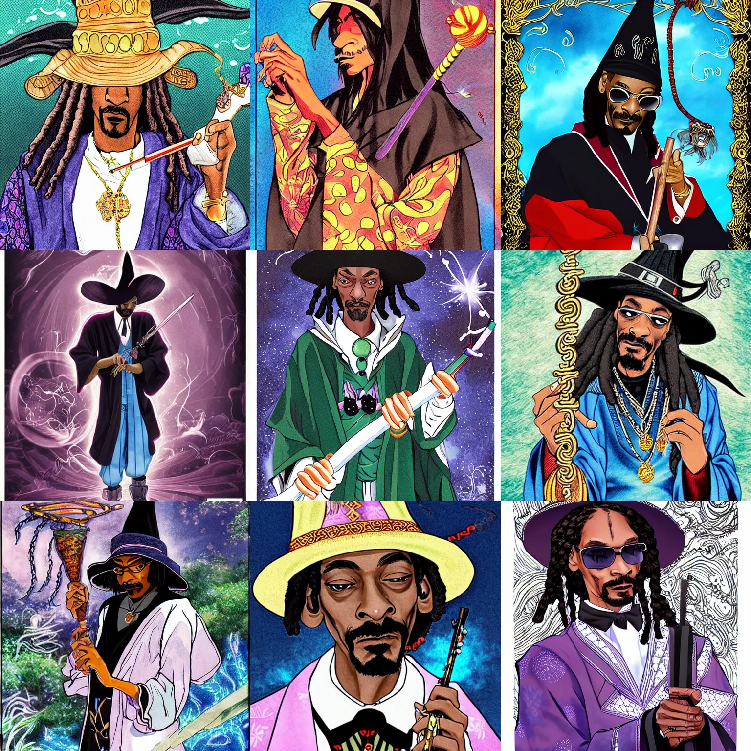 Prompt: snoop dogg holding a magic wand, kamome shirahama, in the style of witch hat atelier, intricate manga cover art illustration, fantasy artwork