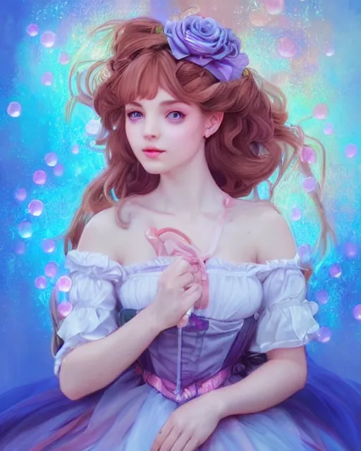 Image similar to portrait of magical lolita girl, dreamy and ethereal, expressive pose, big blue eyes, exciting expression, fantasy, intricate, elegant, many rainbow bubbles, rose tones, highly detailed, digital painting, artstation, concept art, cyberpunk wearing, smooth, sharp focus, illustration, art by artgerm and greg rutkowskiand alphonse mucha