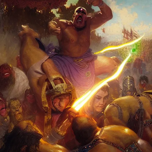 Image similar to the iron sheik breaking hulk hogan's back, radiant light, caustics, heroic, bright iridescent light, by gaston bussiere, bayard wu, greg rutkowski, maxim verehin, epic wrestling combat, legendary