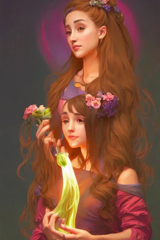 Image similar to beautiful cottagecore Ariana Grande holding a nuclear glowing colored vase. intricate, elegant. highly detailed, digital painting, artstation, concept art, smooth, sharp, focus, illustration. . art by artgerm and greg rutkowski and alphonse mucha