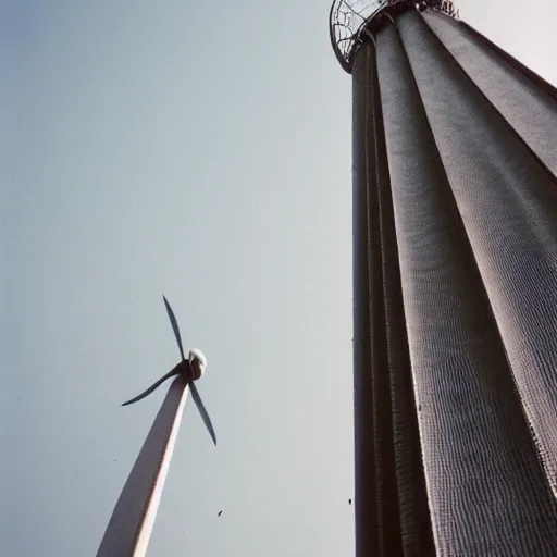 Prompt: a film photo of a windtower, Kodak gold 200 film