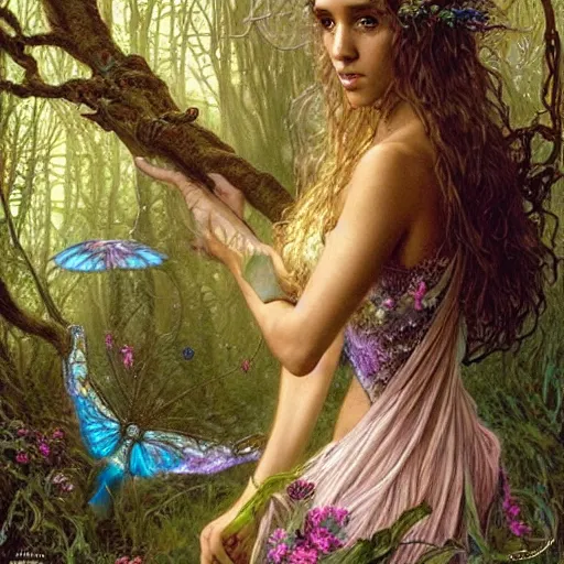 Image similar to head and shoulders portrait of a flowering fey fairy warlock portrayed by young jessica alba, in a magical forest, d & d, fantasy, luis royo, magali villeneuve, donato giancola, wlop, krenz cushart, hans zatka, klimt, alphonse mucha