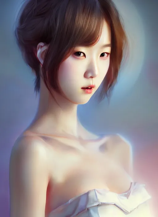 Image similar to beautiful fashion korean girl group, strapless dress, character portrait in the style of thomas river and artgerm, wlop, cinematic lighting, hyperdetailed, 8 k realistic, symmetrical, global illumination, radiant light, halo, love and mercy, frostbite 3 engine, cryengine, dof, trending on artstation, digital art, chanel