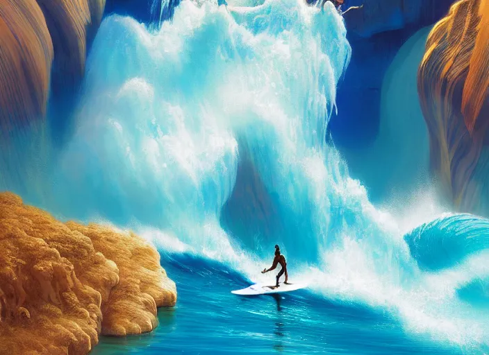 Prompt: a beautiful digital painting of a Hawaiian Warrior in a white and royal blue luxurious surfer suit, surfing a dangerous tsunami at Antelope Canyon on a chic surfboard at Pamukkale, thermal waters flowing down gold travertine terraces by greg rutkowski, award winning photo, trending on artstation, highly detailed, unreal engine, octane render