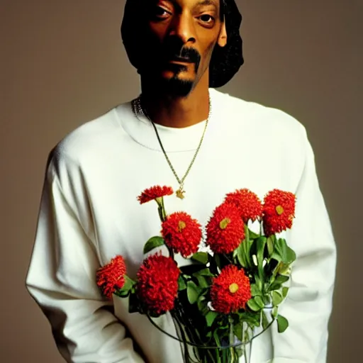 Image similar to Snoop Dogg looking away from camera while holding a Vase of flowers for a 1990s sitcom tv show, Studio Photograph, portrait, C 12.0