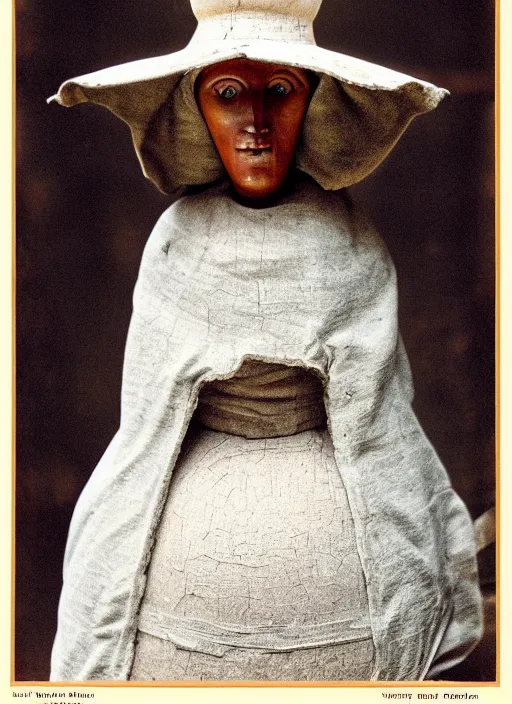 Prompt: realistic photo of a a medieval antique old wooden of a girl doll sculpture dressed white spherical hat helmet, covered in eyes pattern, greyscale grain 1 9 9 0, life magazine photo, natural colors, metropolitan museum, kodak