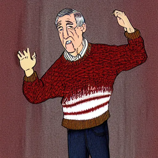 Prompt: mr. rodgers in a blood stained sweater, digital art