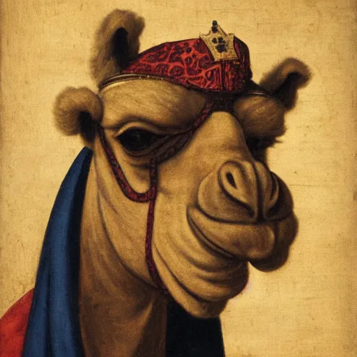 Image similar to a renaissance style portrait of a camel wearing a crown and a cape, dark background