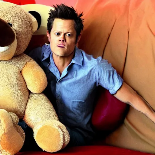 Prompt: Johnny Knoxville as a teddy bear, shoot out of a cannon, reality TV, landscape