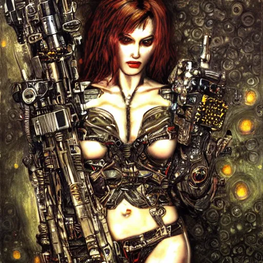 Image similar to cybernetic female demon supersoldier armed with laser rifle, intricate detail, klimt, royo, whealan,