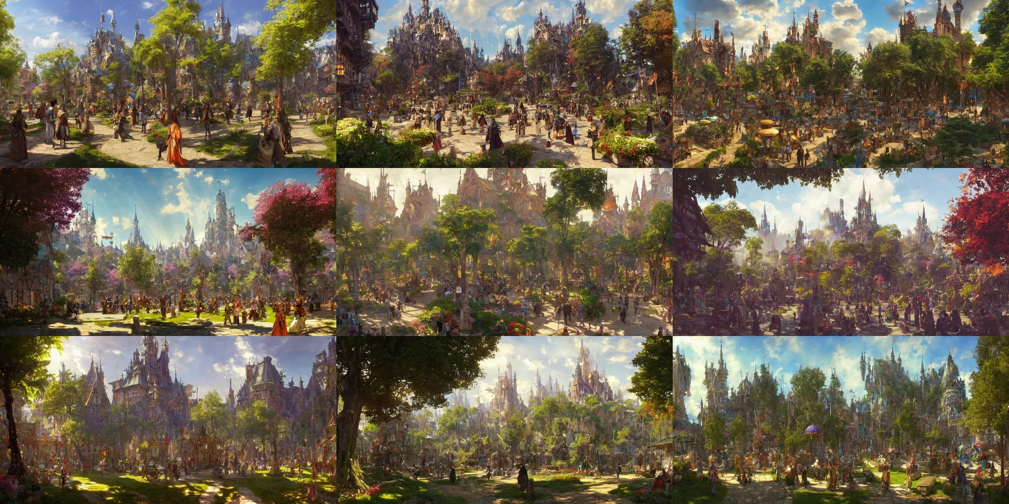 Prompt: a medieval steampunk fantasy town square, vibrant colors, castle in the distance, sunny day, final fantasy, verdant flora and gigantic trees, god rays, bloom, cinematic lighting, by yoshitaka amano, by ruan jia, by conrad roset, by mucha, by bouguereau, cgsociety, artstation.