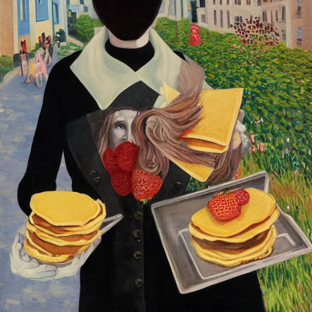 Image similar to tall emo female artist holding pancakes, in chippendale sydney, gold bars, maple syrup, snails, berries, pigs, octopus, acrylic on canvas, surrealist, by magritte and monet