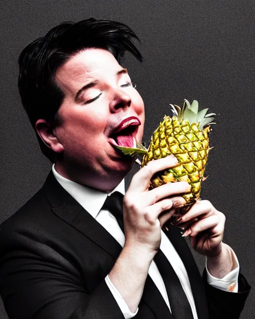 Image similar to A drunk Michael Mcintyre eating a pineapple in a nightclub in Porto,real life skin, intricate, elegant, highly detailed, artstation, concept art, smooth, sharp focus, photo