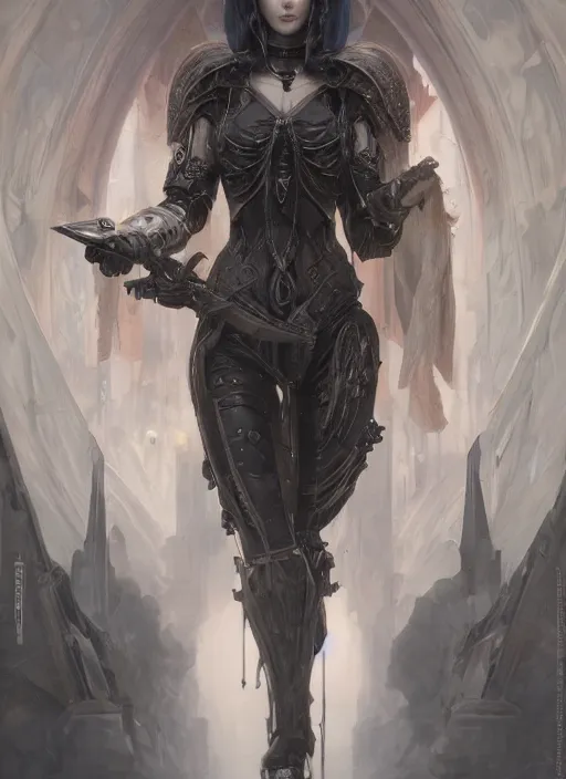 Prompt: portrait of beautiful pale gothic sister of battle, white hairs, warhammer 4 0 0 0 0, cyberpunk, intricate, elegant, highly detailed, digital painting, artstation, concept art, smooth, sharp focus, illustration, art by nikolai fechine and artgerm and greg rutkowski and alphonse mucha and gustav klimt