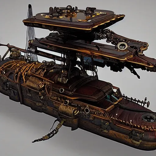 Prompt: future cybernetic steampunk pirate ship with robotic arms