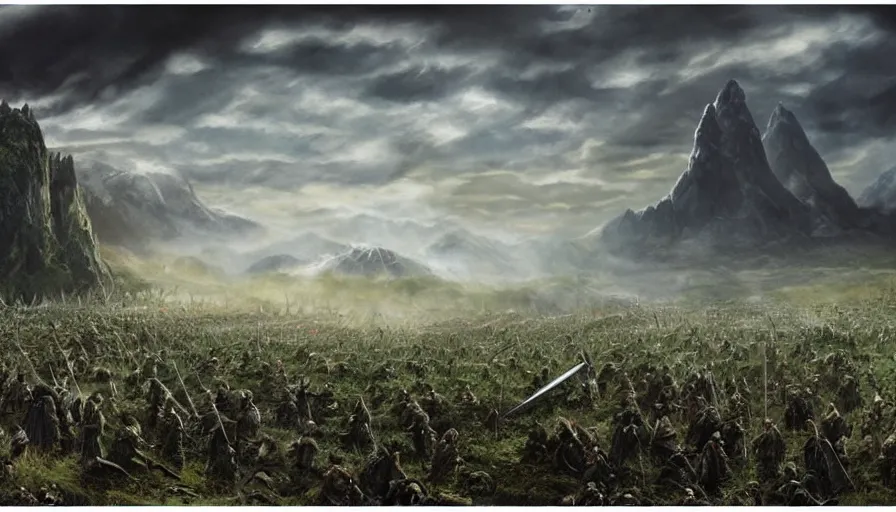 Image similar to matte painting of a huge lord of the rings battlefield