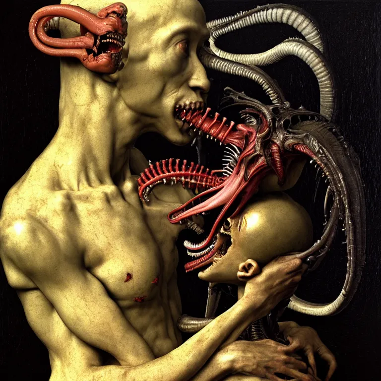 Image similar to portrait of a beautiful man kissing xenomorph by hieronymus bosch, soft bloom lucid dream - like ethereal dark atmosphere, baroque portrait painting, perfect composition, intricate detailed octane render trending on artstation, 8 k artistic photography, volumetric cinematic perfect light, chiaroscuro, masterpiece, raphael, caravaggio, rutkowski, beeple, beksinski