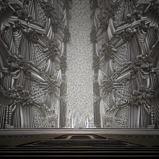 Image similar to a hyperrealistic 3 d render of a sprawling mandelbrot fractal cathedral interior populated by mandelbrot fractals, unreal engine, carved ivory, carved soap, white color scheme, physically based render, volumetric lighting, octane render, glowing, carved marble, opalescent, sacred geometry, catholicpunk, stark, 8 k, ultra detailed