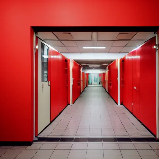 Prompt: noisy color photograph of a retrofuturist modern liminal space, laboratory, prison, red lights, automatic doors, minimalist, cinematic, soft vintage glow